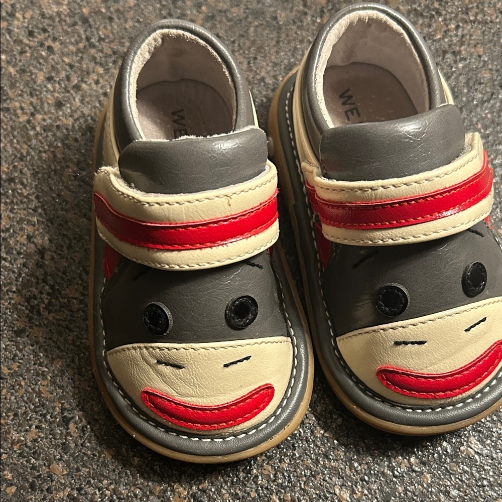 Wee Squeak Monkey Design Baby Shoes - Gray and Red